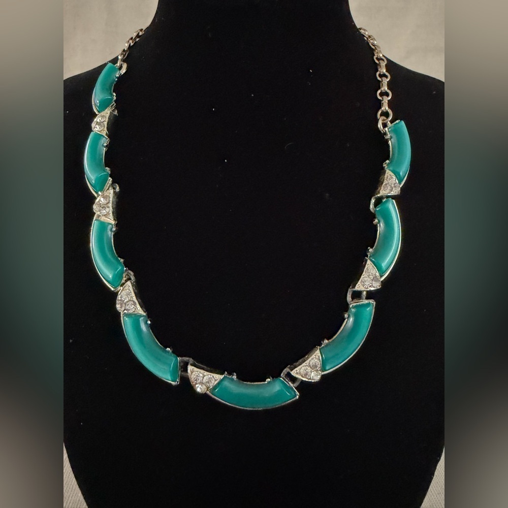 Vintage Art Deci Teal Crescent Link Necklace - Women Jewelry